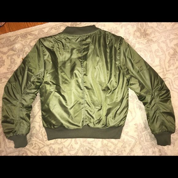 Heavy Olive Green Cropped Bomber Jacket - Picture 3 of 4